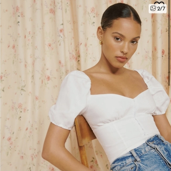 REFORMATION Rome Top Linen Puff Sleeve White 0 - Picture 8 of 10